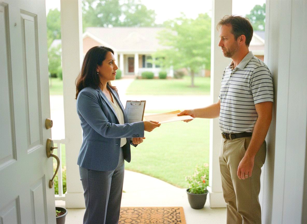 A process server hands legal documents to a person at a front door, calm and unhurried.