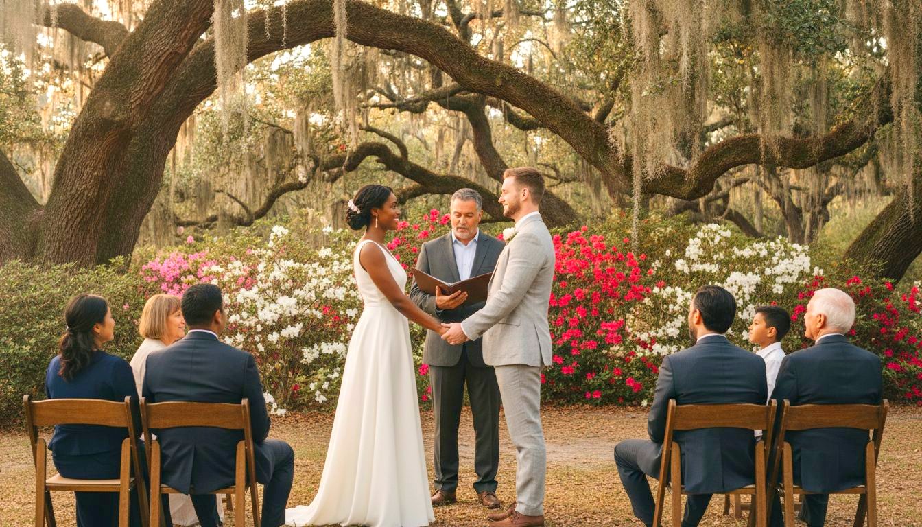 An outdoor South Carolina wedding ceremony under mossy oaks, the officiant reading as the couple face each other and guests look on.